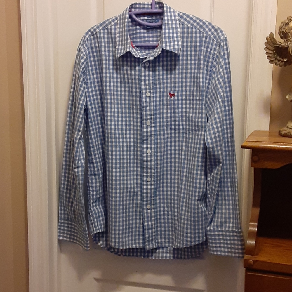 Aeropostale blue white checked long sleeve shirt red dog logo 100% cotton M EUC…